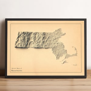 Kaart van Massachusetts, 2D-reliëfkaart van Massachusetts, minimalistische kaart van Massachusetts, Massachusetts Wall Art - 2D FLAT PRINT