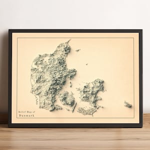 Kaart van Denemarken, 2D-reliëfkaart van Denemarken, minimalistische kaart van Denemarken, poster van Denemarken, poster van Denemarken, kunst aan de muur Denemarken, afdrukken van Denemarken - 2D FLAT PRINT