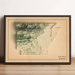 Kaart van Arkansas, 2D-reliëfkaart van Arkansas, minimalistische kaart van Arkansas, ingelijste kaart van Arkansas, Arkansas Vintage, Arkansas Wall Art - 2D FLAT PRINT