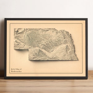 Nebraska-kaart, Nebraska 2D-reliëfkaart, Nebraska-afdruk, Nebraska-minimalistische kaart, Nebraska-cadeau - 2D FLAT PRINT