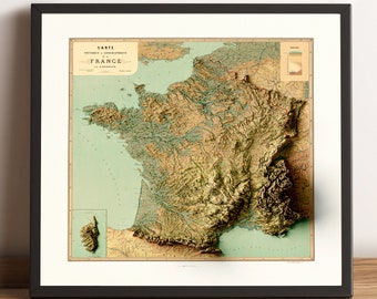 Kaart van Frankrijk, Frankrijk 2D reliëfkaart, vintage kaart van Frankrijk, geologische kaart van Frankrijk, ingelijste kaart van Frankrijk, Frankrijk cadeau - 2D FLAT PRINT