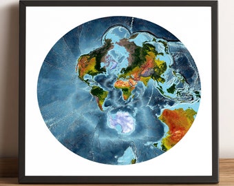 World Map, Stereographic Projection, Vintage World Map, Relief World Map, Printed World Map, Framed World Map, World Map Print