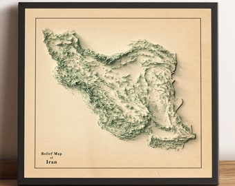Iran Map, Iran 2D Relief Map, Iran Vintage Map, Iran Print, Iran Wall Art Decor, Iran Minimalist Map, Iran Antique Map - 2D FLAT PRINT