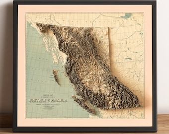 May include: A vintage-style relief map of British Columbia, Canada. The map is printed on paper and framed in black. The map shows the province's topography with brown and green hues.