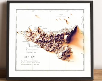 Sicily Map, Sicilia Map, Sicily 2D Relief Map, Sicily Vintage Map, Sicily Print, Sicily Old Map, Italy Map, Sicily Gift - 2D FLAT PRINT