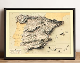 Carte de l'Espagne, carte en relief 2D de l'Espagne, carte vintage de l'Espagne, cadeau de vacances en Espagne, Espana Mapa, carte de la péninsule ibérique - impression 2D à plat