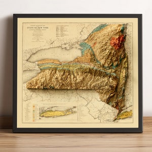 New York State Karte, New York 2D Reliefkarte, Geologische Karte New York, New York Vintage Karte, New York Geschenk, NY Poster - 2D FLACHDRUCK