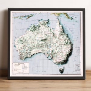 Carte de l'Australie, carte en relief 2D de l'Australie, ancienne carte de l'Australie, carte vintage de l'Australie, cadeau de l'Australie, impression de l'Australie - impression 2D à plat