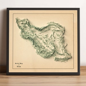 Kaart van Iran, 2D-reliëfkaart van Iran, vintage kaart van Iran, Iran Print, Iran Wall Art Decor, Iran minimalistische kaart, Iran antieke kaart-2D FLAT PRINT