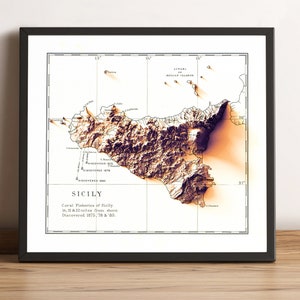 Sicily Map, Sicilia Map, Sicily 2D Relief Map, Sicily Vintage Map, Sicily Print, Sicily Old Map, Italy Map, Sicily Gift - 2D FLAT PRINT