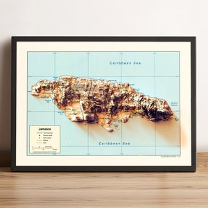 Jamaica Map, Jamaica 2D Relief Map, Jamaica Vintage Map, Jamaica Wall Art Print, Jamaica Old Map, Jamaica Gift - 2D FLAT PRINT