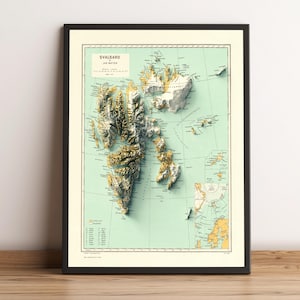 Svalbard Map, Svalbard 2D Relief Map, Svalbard Vintage Poster, Svalbard Wandkunst, Svalbard Norwegen Map, Norge Kart - 2D FLACHDRUCK