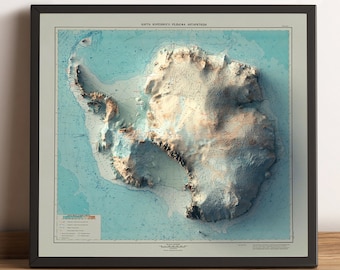 Antarctica Map (Cyrillic Russian Map), Antartica 2D Relief Map, Antarctica Vintage Map, Antarctica Print, Antarctica Gift - 2D FLAT PRINT