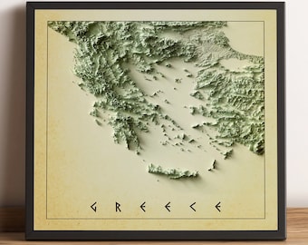 May include: A vintage-style map of Greece with a 3D embossed effect. The map is printed on a cream-colored background with a black frame. The word "GREECE" is printed in black at the bottom of the map.