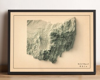 Könnte beinhalten: Gerahmte Reliefkarte von Ohio, die die Topographie des Staates in Grün- und Beigetönen zeigt. Die Karte ist vor einem hellen Hintergrund platziert, mit dem Text "Relief Map of Ohio" unten. Der Rahmen ist schwarz.