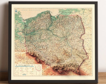 Poland Map, Poland 2D Relief Map, Poland Vintage Map, Poland Print, Polska Map, Poland Wall Art Decor, Poland Gift - 2D FLAT PRINT