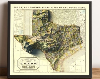 Texas Map, Texas 2D Relief Map, Texas Old Map, Texas Vintage Map, Texas Historical Map, Texas Wall Art, Texas Gift - 2D FLAT PRINT