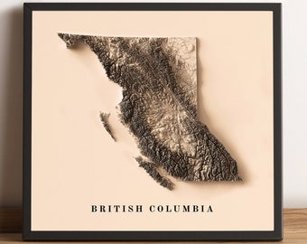 British Columbia Map, British Columbia 2D Relief Map, British Columbia Vintage Map, British Columbia Minimalist Map, BC Map - 2D FLAT PRINT