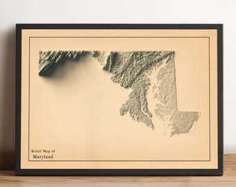 May include: A framed relief map of Maryland with a beige background and a black frame. The map is in a 3D style and shows the state's topography. The text "Relief Map of Maryland" is printed in the bottom left corner.