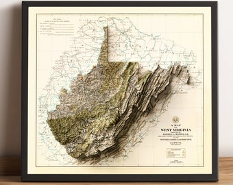 Map of West Virginia, West Virginia 2D Relief Map, West Virginia Vintage Map, West Virginia Gift Map, West Virginia Print - 2D FLAT PRINT