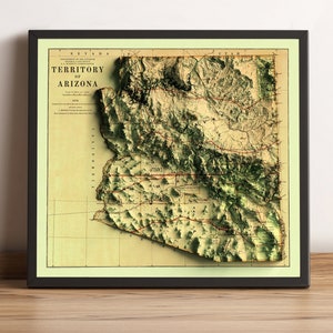 Kaart van Arizona, 2D-reliëfkaart van Arizona, oude kaartposter van Arizona, Grand Canyon-kaart, Arizona Wall Art, Arizona cadeau - 2D FLAT PRINT