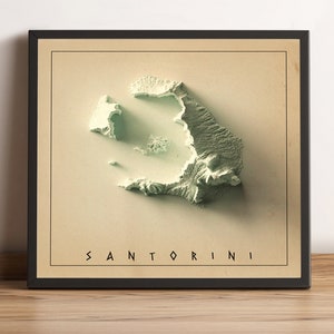 Santorini Griechenland Karte, Santorini 2D Reliefkarte, Minimalistische Landkarte Santorini, Santorini Print, Santorini Wandkunst - 2D FLACHDRUCK