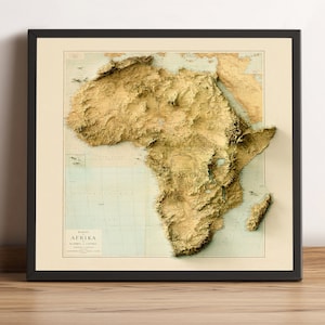 Mapa de África, Mapa en relieve 2D de África, Regalo vintage de África, Impresión de África, Arte mural personalizado de África, Mapa de Marruecos, Mapa de Egipto - IMPRESIÓN PLANA 2D