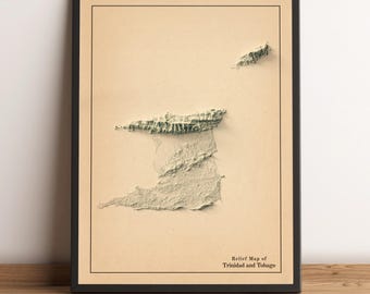 Trinidad and Tobago Map, Trinidad and Tobago 2D Relief Map, Trinidad and Tobago Minimalist Map, Trinidad and Tobago Print - 2D FLAT PRINT