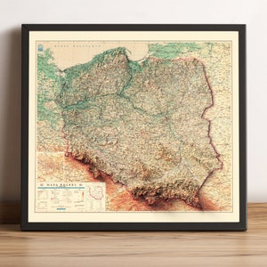 Mapa da Polônia, Mapa em relevo 2D da Polônia, Mapa vintage da Polônia, Impressão da Polônia, Mapa da Polônia, Decoração de arte de parede da Polônia, Presente da Polônia - IMPRESSÃO PLANA 2D