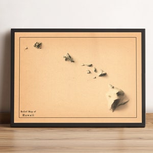 Kaart van Hawaï, 2D-reliëfkaart van Hawaï, minimalistische kaart van Hawaï, kaart van Hawaïaanse eilanden, Hawaï afdrukken, cadeau Big Island-kaart - 2D PLATTE PRINT