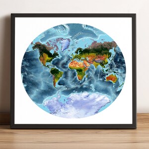 Carte du monde, projection de Van der Grinten, carte du monde vintage, carte du monde en relief, carte du monde imprimée, carte du monde encadrée, impression de carte du monde