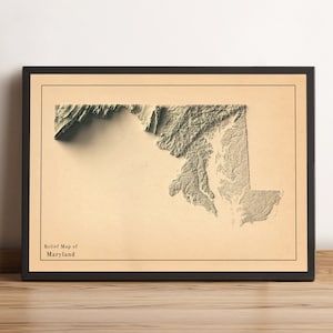 Kaart van Maryland, kaart van Delaware, kaart met 2D-reliëf van Maryland, vintage kaart van Maryland, reliëfkaart van Delaware, print van Maryland, cadeau van Maryland - 2D FLAT PRINT