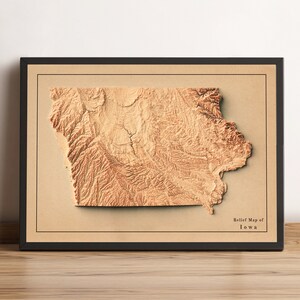 Kaart van Iowa, kaart van Iowa, 2D-reliëfkaart, vintage kaart van Iowa, minimalistische kaart van Iowa, kunst aan de muur van Iowa, ingelijste kaart van Iowa, cadeau van Iowa - 2D FLAT PRINT