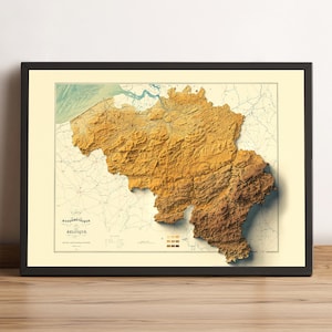 Belgium Map, Belgium 2D Relief Map, Belgium Vintage Poster Map, Belgium Wall Art, Belgium Gift - 2D FLAT PRINT