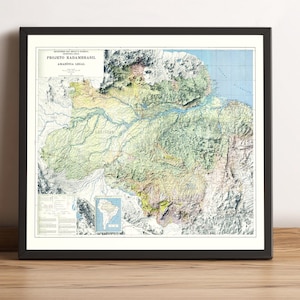 Amazone-regenwoudkaart, Amazon Brazilië 2D-reliëfkaart, vintage Amazon-kaart, topografische kaart Amazonegebied - 2D FLAT PRINT