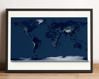 World Map with Dark Tones, World 2D Relief Map, Globe Wall Decor, World Map Gift, Elevation World Map, Continents Map - 2D FLAT PRINT