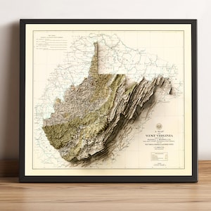 Karte von West Virginia, West Virginia 2D Reliefkarte, West Virginia Vintage Karte, West Virginia Geschenk Karte, West Virginia Druck - 2D FLACHDRUCK