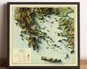 May include: A vintage-style topographic map of Greece, showing the country's terrain in shades of green, brown, and yellow. The map is framed in black and features a legend and scale bar.