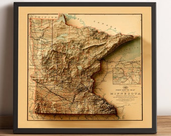 Minnesota Map, Minnesota 2D Relief Map, Minnesota Old Map, Minnesota Vintage Map, Minnesota Poster, Minnesota Gift - 2D FLAT PRINT