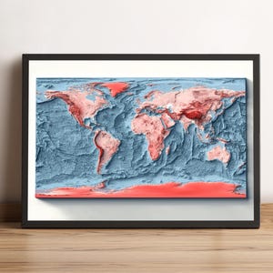 Carte du monde bathymétrique, carte du monde en relief 2D, carte minimaliste du monde, décoration murale globe, carte du sol des océans, carte du monde en altitude - impression 2D à plat