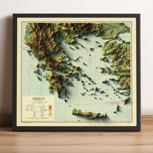 Carte de la Grèce, carte en relief 2D de la Grèce, carte vintage de la Grèce, affiche encadrée de la Grèce, décoration murale de la Grèce, cadeau de la Grèce - impression 2D à plat