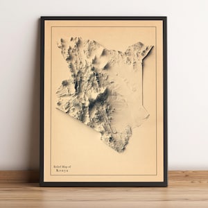 Carte du Kenya, carte en relief 2D du Kenya, carte minimaliste du Kenya, art mural Kenya, cadeau Kenya - impression 2D à plat