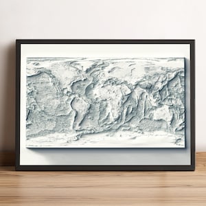 Bathymetrische Weltkarte, 2D Reliefkarte, Weltkarte, minimalistische Weltkarte, Globus-Wanddekor, Weltkarte Geschenk, Elevation Weltkarte - 2D FLACHDRUCK