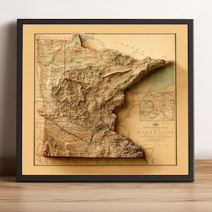 Minnesota Karte, Minnesota 2D Reliefkarte, Minnesota alte Karte, Minnesota Vintage Karte, Minnesota Poster, Minnesota Geschenk - 2D FLACHDRUCK
