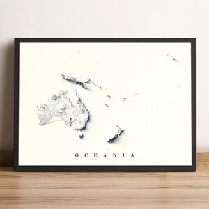 Kaart Oceanië, 2D-reliëfkaart Oceanië, minimalistische poster Oceanië, Oceanië muurkunst, Oceanië cadeau - 2D FLAT PRINT
