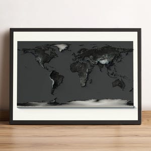 Weltkarte mit dunklen Tönen, 2D Reliefkarte der Welt, Globus Wanddekoration, Weltkarte Geschenk, Höhenkarte, Weltkarte, Kontinente Karte - 2D FLACHDRUCK