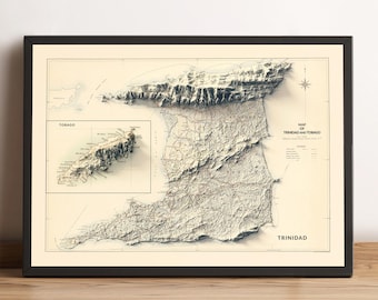 Trinidad and Tobago Map, Trinidad and Tobago 2D Relief Map, Trinidad and Tobago Vintage Map, Trinidad and Tobago Gift Print - 2D FLAT PRINT
