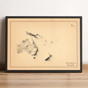 Kaart Oceanië, 2D-reliëfkaart Oceanië, minimalistische poster Oceanië, Oceanië muurkunst, Oceanië cadeau - 2D FLAT PRINT