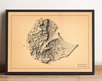 Ethiopia Map, Ethiopia 2D Relief Map, Ethiopia Minimalist Map, Ethiopia Wall Art, Map Gift - 2D FLAT PRINT