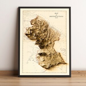 Kaart Guyana, 2D-reliëfkaart Guyana, vintage kaart Guyana, afdrukken Guyana, oude kaart Guyana, antieke kaart Guyana, cadeau Guyana - 2D FLAT PRINT